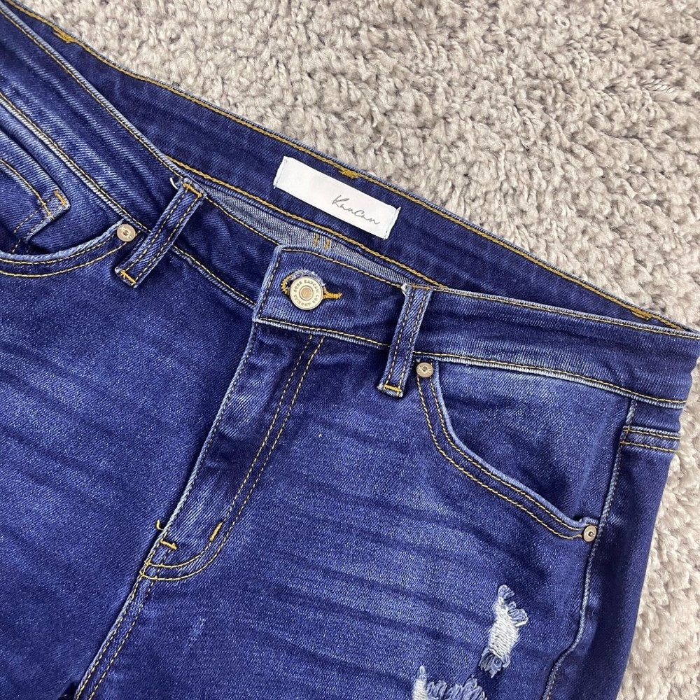 Kancan Cora Mid Rise Super Skinny Ripped Jeans Size 13/30 Dark Wash Step Hem - Picture 1 of 16